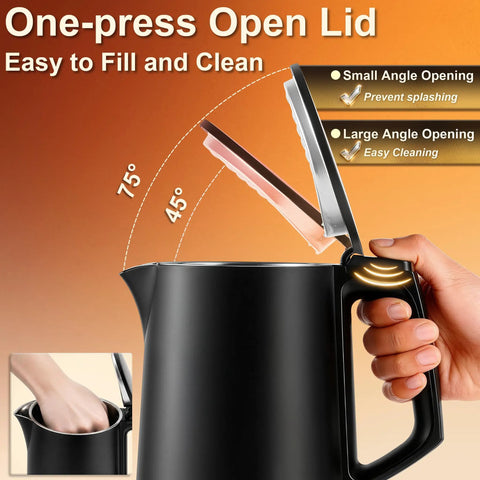 Compact 0.8L Travel Electric Kettle With Double Wall 304 Stainless Steel Auto Shut Off Portable Kettle lid open