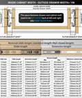 Heavy Duty Full Extension Drawer Slides Ball Bearing Side Mount Rails dimensions chart for cabinet width, slide length, and drawer sizes.