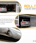 Keep It Breezy With This Hands Free Magnetic Garage Door Screen 9x8 Ft in use with rolled up design for easy vehicle access