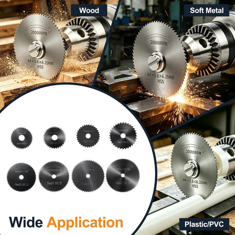 Top Shelf High Speed Cutting Wheel Set Eight Piece Multipurpose Metal Abrasive Blades For Rotary Power Tools Industrial Strength in action.