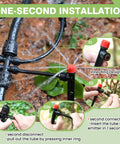 One-second installation of 240Ft Drip Irrigation Kit showing quick connect plug and play system in greenhouse or garden