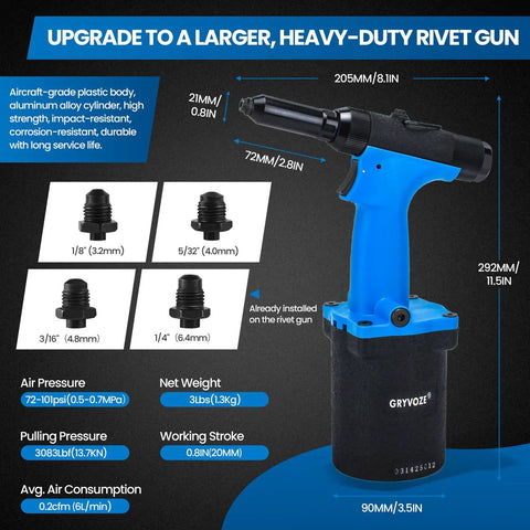 Heavy-Duty Pneumatic Rivet Gun Air Pop Riveter Kit with blue plastic body and aluminum alloy cylinder for versatile riveting.
