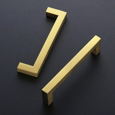 25 Pack 5 Inch Square Cabinet Handles In Brushed Brass Finish Stainless Steel Kitchen Hardware Pulls On Dark Surface