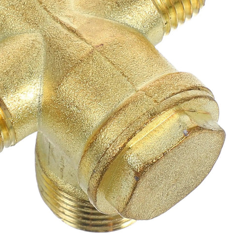 Close-up of Heavy Duty 4 Way Pneumatic Check Valve Threaded Air Compressor Fitting Zinc Alloy with textured surface and threads.