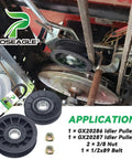 Prime Grade Idler Pulley Set, Straight Swapping John Deere Compatible GX20286 And GX20287, showing pulleys and belt in mower deck.