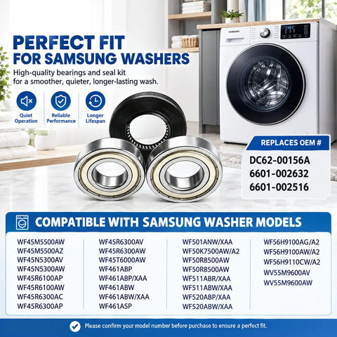 Slap On This Heavy Duty Washer Tub Bearing Seal Kit To Stop Grinding Groans And Drum Leaks Fast Your Machine Will Run Like New For Smooth Quiet Laundry Days Ahead, showcasing high-quality bearings for Samsung washers.