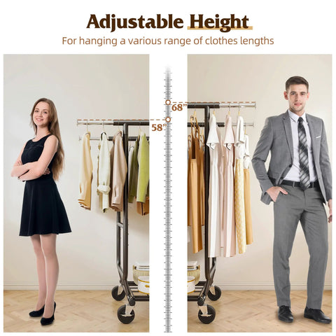 Rock Solid Heavy Duty Clothing Rack Featuring Double Hanging Rods And Commercial Grade Stainless Construction Built Tough For Master Bedroom Or Boutique Display Rooms with adjustable height for various clothing lengths.