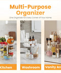 Clear Two Tier Lazy Susan Organizers Two Pack With Effortless Smooth Spin Turntable Silent Revolving Base maximizing kitchen and vanity storage.