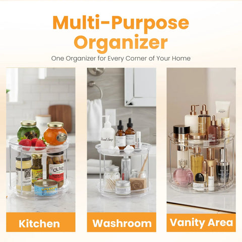 Clear Two Tier Lazy Susan Organizers Two Pack With Effortless Smooth Spin Turntable Silent Revolving Base maximizing kitchen and vanity storage.