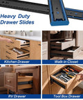 Heavy Duty Soft Close Drawer Slides With Hella Smooth Hydraulic Dampers And Tough One Hundred Pound Load Rating Steel Cabinet Glides Two Pair Kit For Quick Home Upgrades displayed in kitchen, closet, RV, and toolbox.