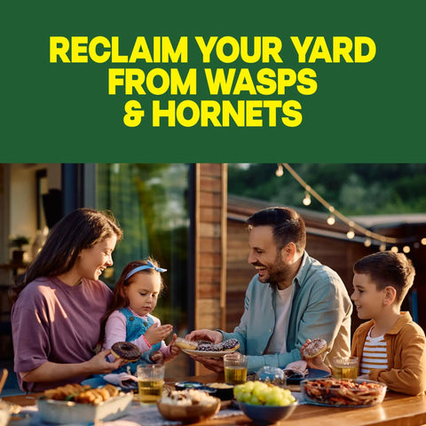 Family enjoying snacks outdoors while using Straight Shooting Flying Insect Killer Spray For Wasps And Hornets With A Powerful Jet Stream Two 14 Oz Cans.