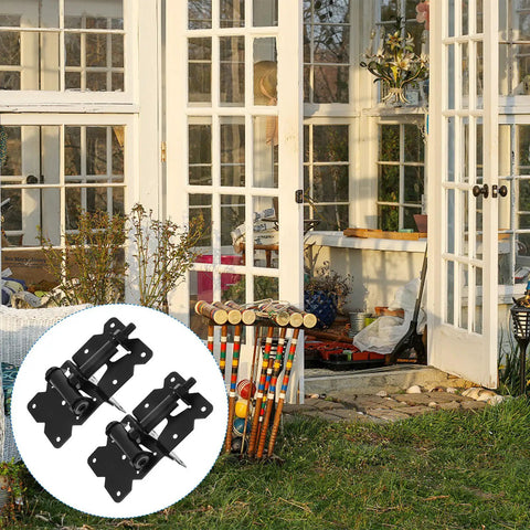 Heavy Duty Stainless Steel Barn Door Hinges Two Piece Set For Outdoor Shed And Metal Gate mounted on a garden shed door.