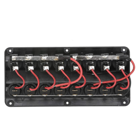 Back view of LED 12V 8 Switch Boat Distribution Panel Pre Wired And Panel Mounted With Illuminated Rocker Switches For No Fuss One Stop Marine Power Hub