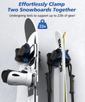 Wall Mounted Ski And Snowboard Rack showing two boards clamped, showcasing heavy duty holders supporting up to 22lb.