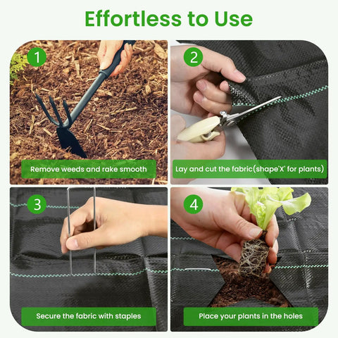 Collage demonstrating the use of Tough As Nails Weed Barrier Fabric 4x300ft Landscape Geotextile Ground Cover Mat with planting and securing steps.