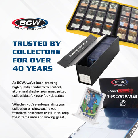 BCW card storage products including Quickfold card box, album, and display for collectors.