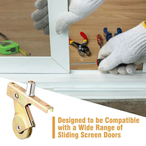 Hands installing screen door using 4 Pack Heavy Duty Stainless Steel Sliding Screen Door Rollers 1 Inch Smooth Glide with tools nearby.