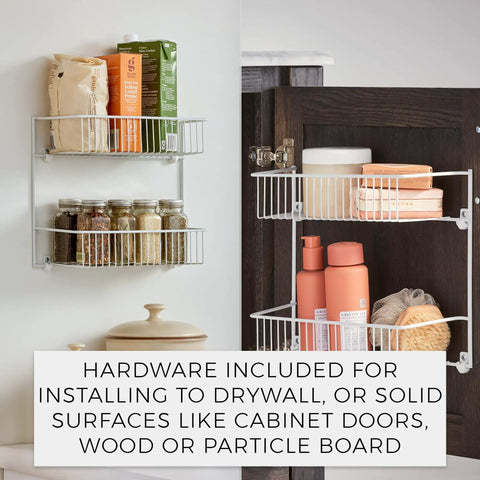 Slick Two Tier Wall Rack For Cabinet Doors And Walls, Heavy Duty Epoxy Coated Steel Storage Shelf In Crisp White with jars and bottles