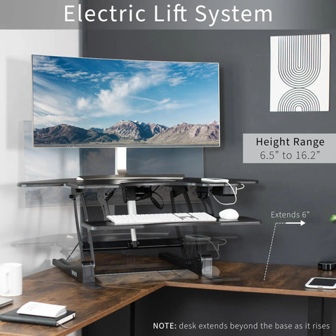 43 Inch Corner Electric Height Adjustable Desk Riser For Dual Monitors, Sit To Stand Tabletop Converter with USB Port