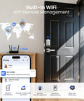 Smart Home Keyless Entry Digital Door Lock With Fingerprint Deadbolt and Handle Set App Remote Hub Free Wifi Security on dark door.