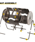 Assembly diagram of Dual Chamber 37.6 Gallon Outdoor Compost Bin With 360 Degree Rotating Drum, parts labeled for easy setup.