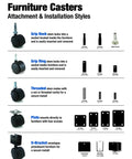 Furniture casters attachment and installation styles overview, showing various mounting types and stem designs.