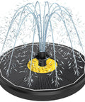 Black solar powered bird bath fountain pump with glass panel, featuring seven nozzles, four fixed pipes, 3.5W no battery outdoor water fountain.