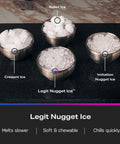 Comparison of bullet ice, crescent ice, legit nugget ice, and imitation nugget ice with descriptions on a black surface