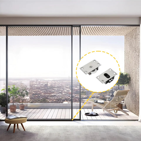 Two Pack Sliding Door Roller Wheels Delivering Super Slick Gliding Action And Effortless Ride For Wardrobe Closet Cabinets With Durable Stainless Steel Shells And Zero Hassle Replacement Parts displayed near a modern sliding glass door.