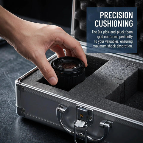 Tough As Nails Lockable Aluminum Alloy Toolbox With Shock Absorbing Foam Insert holding camera lens in impact-resistant foam interior.