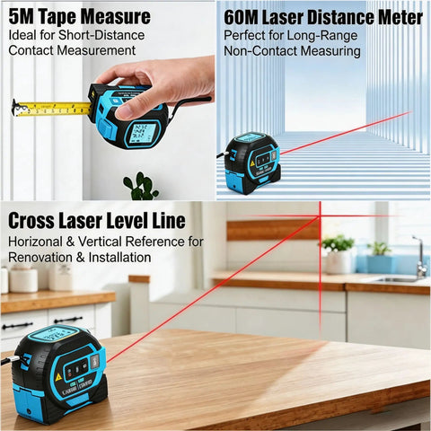 Solid Workhorse 3 In 1 Laser Distance Meter Pairs Up Cross Line Level And Retractable Tape Measure For Dead On Accuracy Digital panel displays laser and tape measure.