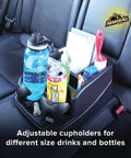 Car Console Organizer With Two Adjustable Cup Holders And Three Large Storage Compartments, middle seat organizer view with items.