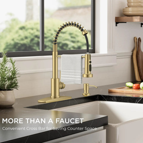 Brushed Gold Kitchen Faucet With Pull Down Sprayer, Single Handle Gold Sink Faucet, installed in modern kitchen, 360 Degree Swivel Spout