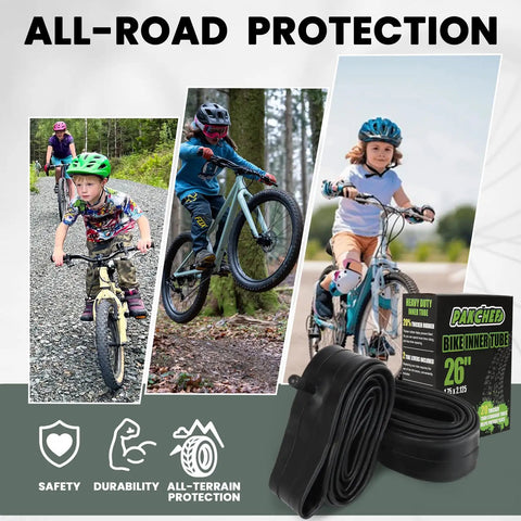 Heavy Duty 26 Inch Bike Inner Tube For 26x1.75 1.95 2.10 2.125 Tires With 32mm Schrader Valve, 20 Percent Thicker For Extra Durability shown with bikes