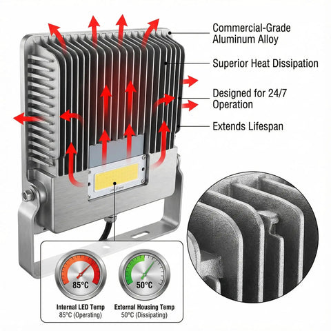 Badass 150W Led Flood Light Outdoor 18000 Lumen Daylight 6500K Ip66 Waterproof showing commercial-grade aluminum for heat dissipation.