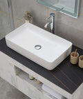 Top view of Vessel Sink and Pop Up Drain Kit, 24 By 14 Inch Rectangular Above Counter White Porcelain Ceramic Bathroom Vanity Basin