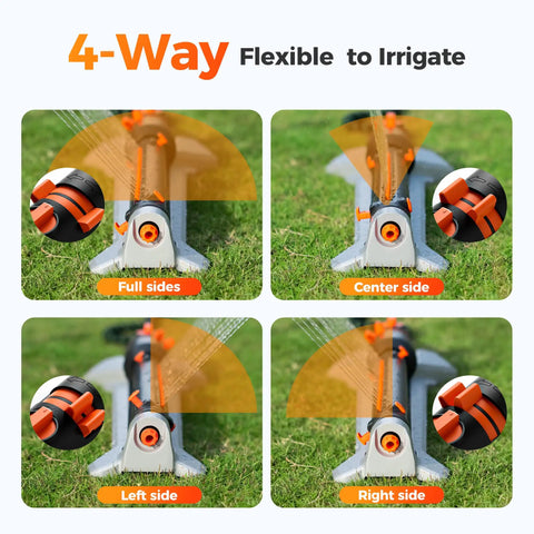 Turbo Oscillating Water Sprinkler With 17 Nozzles For Up To 3800 Sq Ft showing 4-way adjustable water coverage on grass