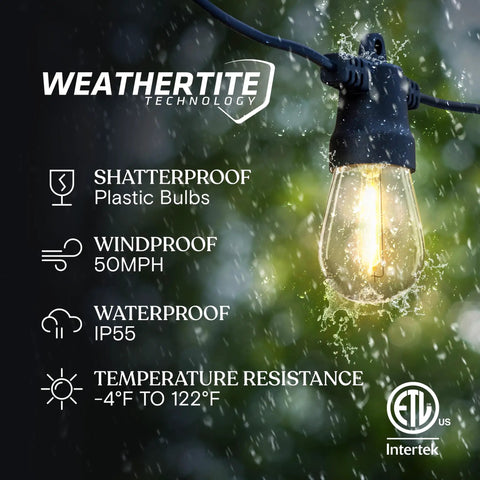 Solar Powered Outdoor String Lights 48 Ft Commercial Grade Waterproof Patio Lights With 15 Shatterproof LED Edison Bulbs Soft White 1W Easy On Off Panel Ideal For Porch Garden Backyard Vibe And Outdoor Mood highlighted by one bulb in rain demonstrating shatterproof and waterproof properties.