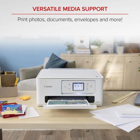 Wireless All In One Color Inkjet Printer With Auto Duplex For Home Photos on desk, showing 2.7 inch touchscreen, print tray open