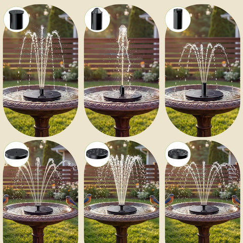 Solar Bird Bath Fountain with Six Nozzles installed in a garden setting, showcasing bold water spray, powered by sunlight.