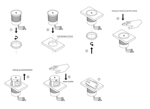 Installation guide for Pop Up Countertop Outlet Surge Protector With Retractable Hidden Design 4 AC Outlets 2 USB Ports RJ45 Ethernet HDMI 5W Wireless Charger.