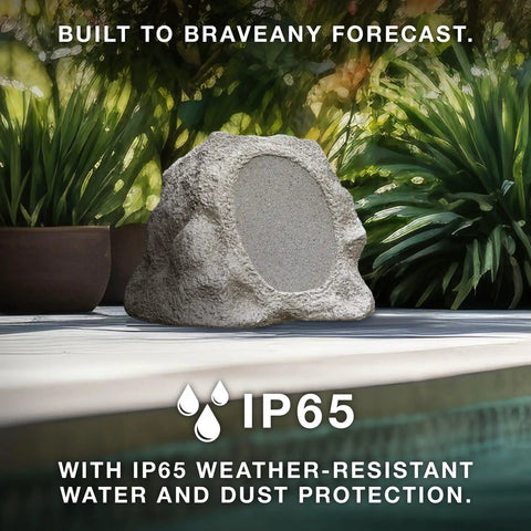 Rock Speaker Connect Stone Outdoor Wireless Speaker With Bluetooth 5.3 in garden setting, IP65 water and dust protection