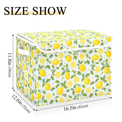 Heavy Duty Foldable Storage Bin With Secure Snap Lid And Wide Grip Handles For Bedroom Closet Organization Zero Clutter Space Saving Collapsible Fabric Container, lemon pattern, 16.5x12.6x11.8in.