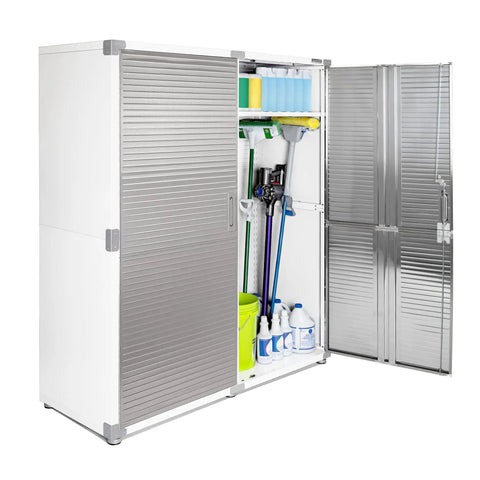 Tough As Nails Heavy Duty Steel Storage Cabinet With Lockable Door And Six Adjustable Shelves, open with cleaning supplies and tools inside.