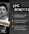 Matte Separation Workable Hair Wax For Men With Beast Hold And Anti Humidity Travel Friendly 3 Pack Provides Definition Without Shine Strong Style Control Great For Frizz All Day Fresh Look benefits with image of product and text.