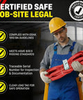 Man holding VR5 Red Round Sling 6 Ft Built Tough Endless Polyester Rigging Sling For Lifting And Material Handling USA Made Vertical 13,200 Lb