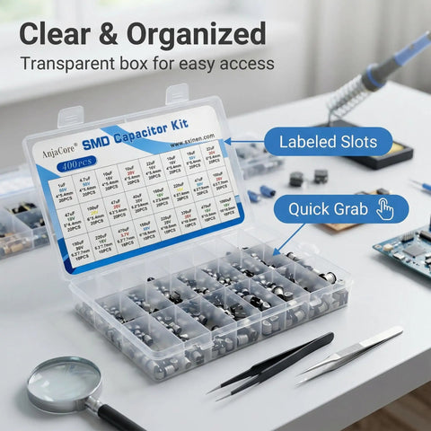 No Brainer 400Pcs SMD Aluminum Electrolytic Capacitor Kit With 24 Values From 1Uf To 1000Uf in organized storage box.