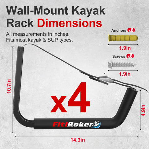 Wall-mounted kayak rack dimensions graphic shows measurements in inches for Heavy Duty Wall Mounted Kayak Rack Holds 120 Pounds Beast Mode Garage Saver.