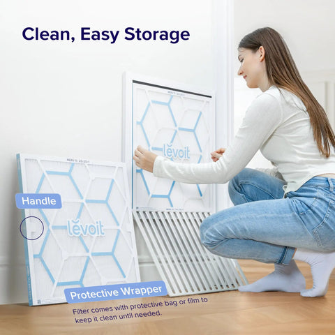 Game Changer Furnace Replacement Air Filters Sized 16X25X1 featuring easy storage and protective wrapper for cleanliness.