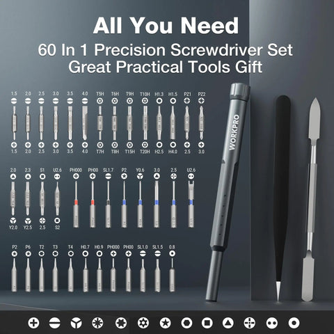 60 In 1 Precision Screwdriver Set With Magnetic Pop Up Case CRV Bits Mini Drivers showing organized bits for electronics repair.